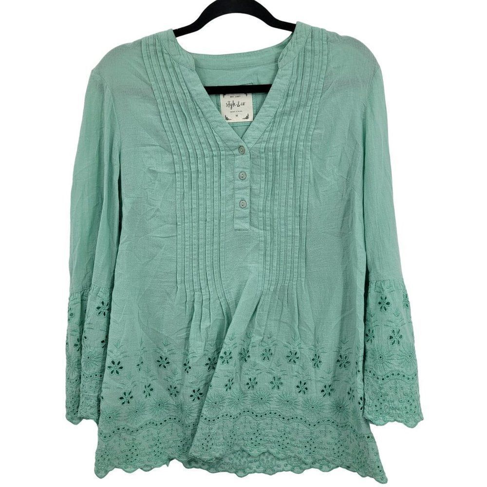 Vtg Cotton Embroidered Tunic Top M Mint Gauze Eyelet‎ Scalloped Bell Boho Beach